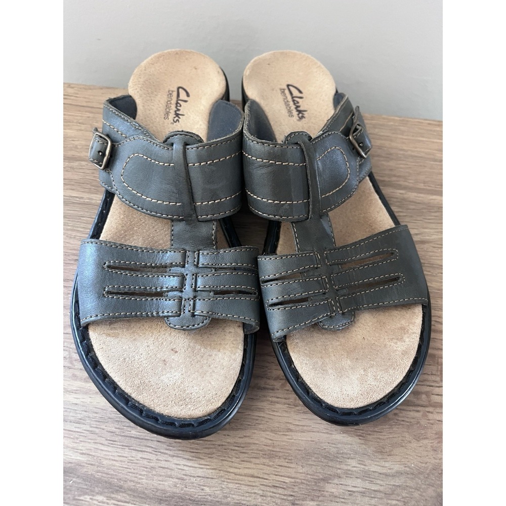 Clarks Bendables Slip On Sandals Green Leather 8 Jade Comfort Heel W1